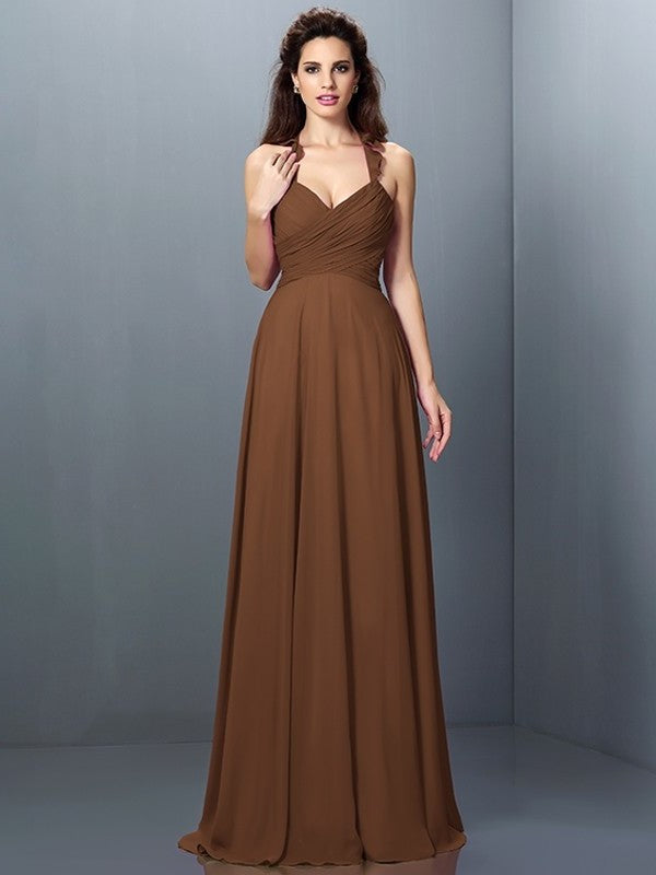 A-Line/Princess Halter Pleats Sleeveless Long Chiffon Bridesmaid Dresses DFP0005390