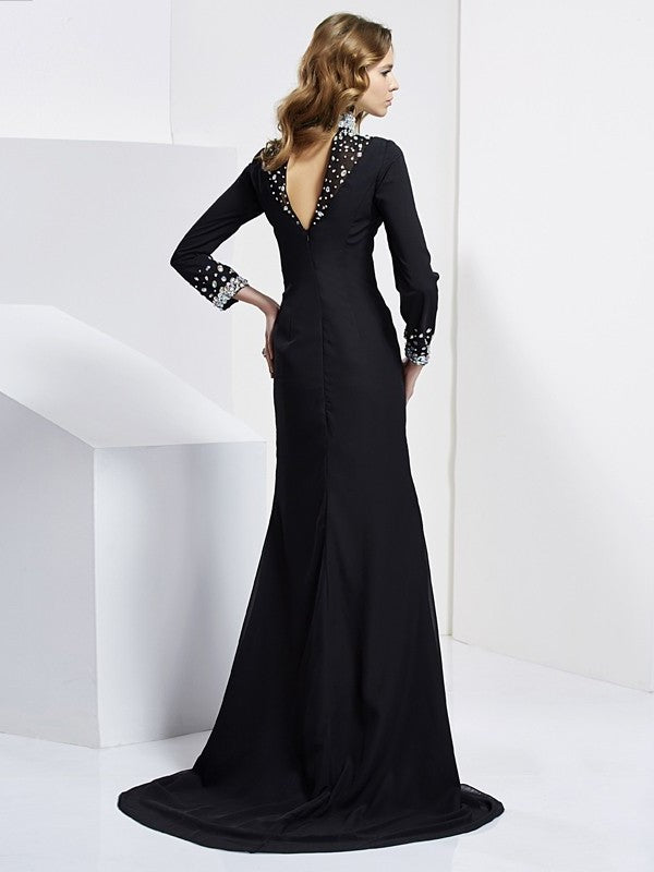 Sheath/Column High Neck Long Sleeves Rhinestone Long Chiffon Dresses DFP0002989