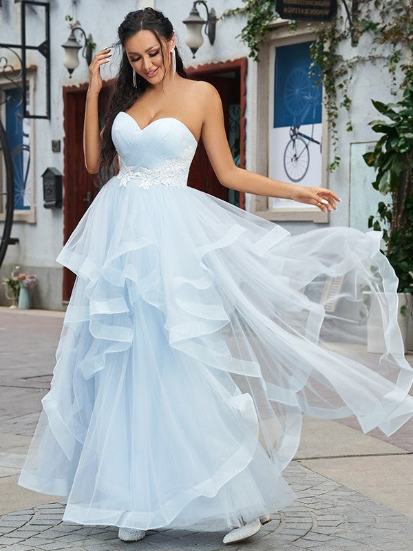 A-Line/Princess Tulle Applique Sweetheart Sleeveless Floor-Length Dresses DFP0001558