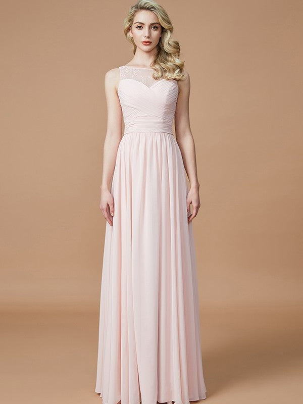 A-Line/Princess Bateau Sleeveless Ruched Floor-Length Chiffon Bridesmaid Dresses DFP0005673