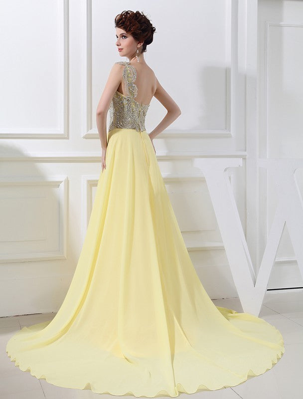 A-Line/Princess One-shoulder Beading Appliques Chiffon Dresses DFP0004383