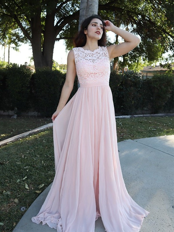 A-Line/Princess Sleeveless Scoop Chiffon Applique Floor-Length Dresses DFP0004615