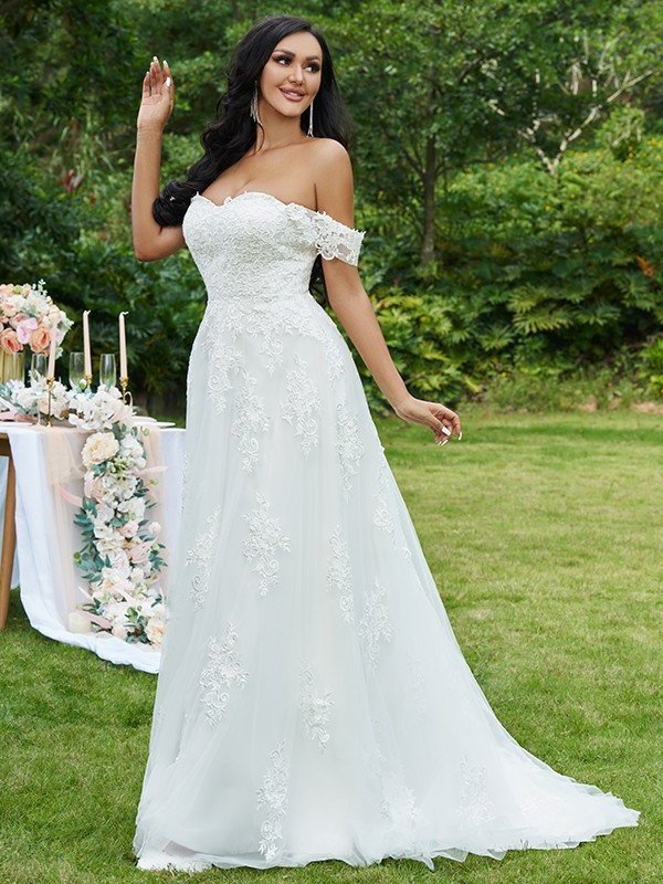A-Line/Princess Lace Applique Off-the-Shoulder Sleeveless Sweep/Brush Train Wedding Dresses DFP0005911