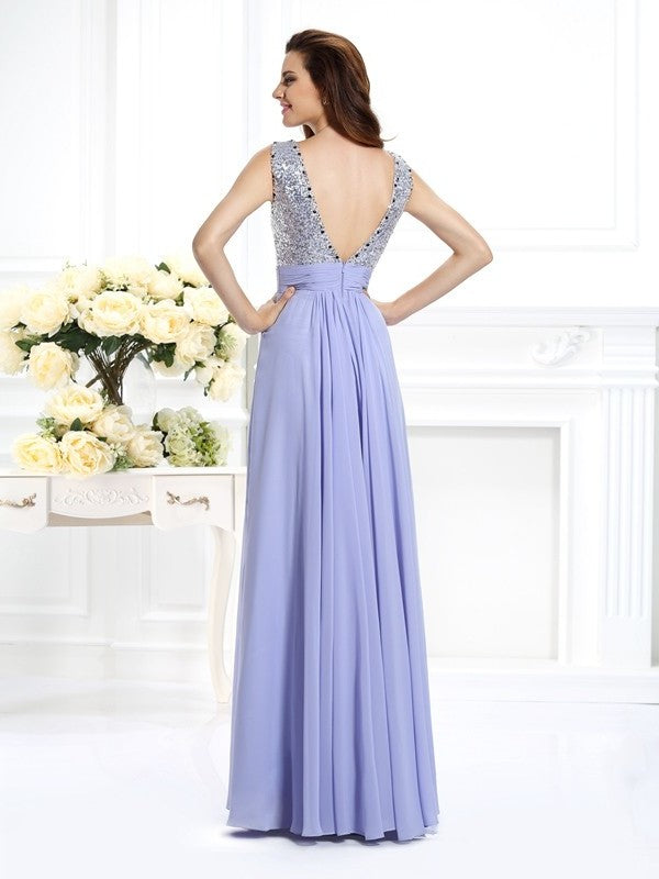 A-Line/Princess Bateau Lace Sleeveless Paillette Long Chiffon Dresses DFP0004101