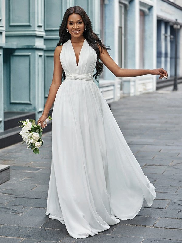 A-Line/Princess Chiffon Halter Ruched Sleeveless Floor-Length Wedding Dresses DFP0006674
