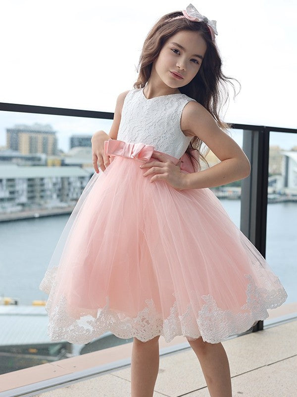 A-Line/Princess Lace Bowknot Scoop Sleeveless Short/Mini Flower Girl Dresses DFP0007459