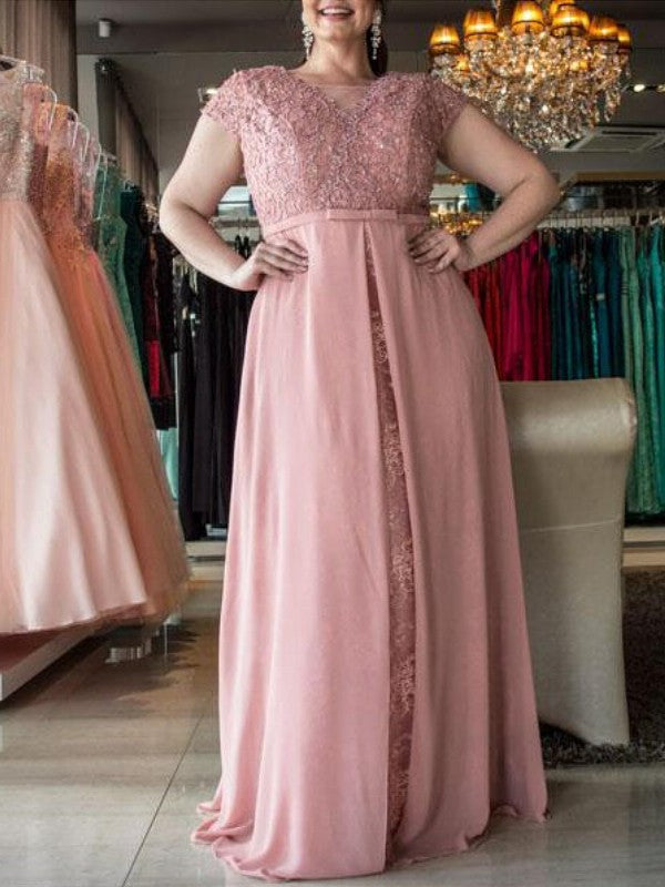 A-Line/Princess Scoop Short Sleeves Lace Floor-Length Chiffon Plus Size Dresses DFP0003589
