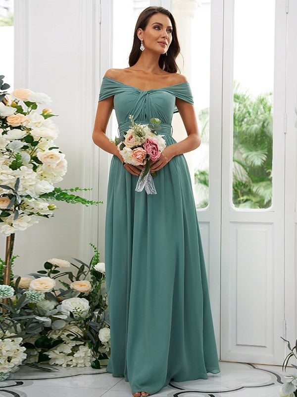 A-Line/Princess Chiffon Ruched Off-the-Shoulder Sleeveless Floor-Length Bridesmaid Dresses DFP0004920