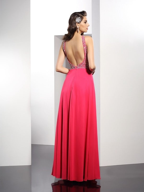 A-Line/Princess Scoop Beading Sleeveless Long Chiffon Dresses DFP0004356