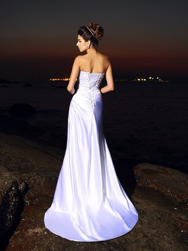 Trumpet/Mermaid Sweetheart Sleeveless Long Elastic Woven Satin Beach Wedding Dresses DFP0006651