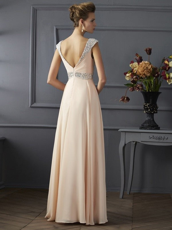 A-Line/Princess Straps Sleeveless Long Beading Chiffon Dresses DFP0002818