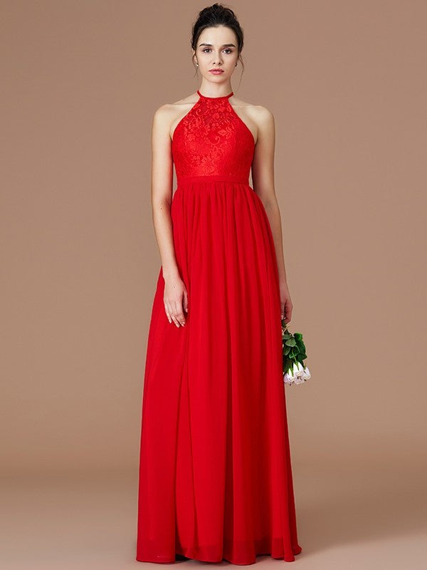 A-Line/Princess Halter Sleeveless Lace Floor-Length Chiffon Bridesmaid Dresses DFP0005320