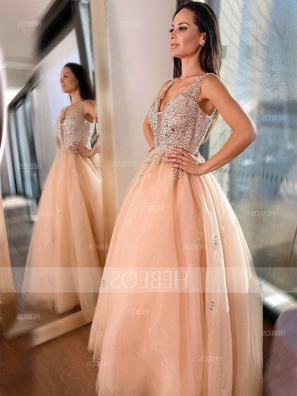 Ball Gown Beading Tulle Sleeveless V-neck Floor-Length Dresses DFP0002508