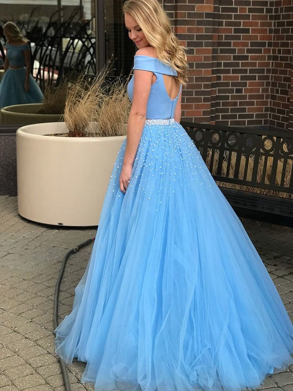 A-Line/Princess Sleeveless Off-the-Shoulder Sweep/Brush Train Beading Tulle Two Piece Dresses DFP0003082