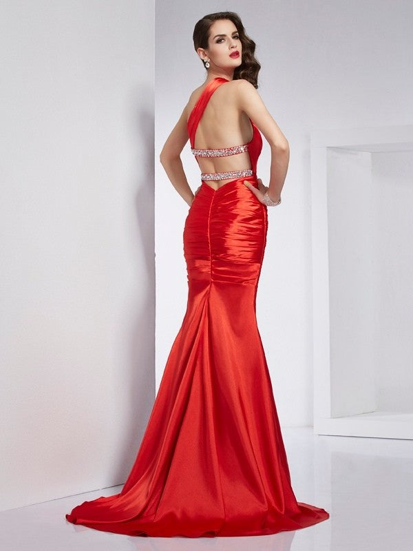 Sheath/Column One-Shoulder Beading Long Elastic Woven Satin Dresses DFP0003122