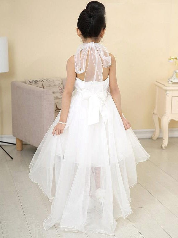 A-line/Princess High Neck Sleeveless Beading High Low Organza Flower Girl Dresses DFP0007538