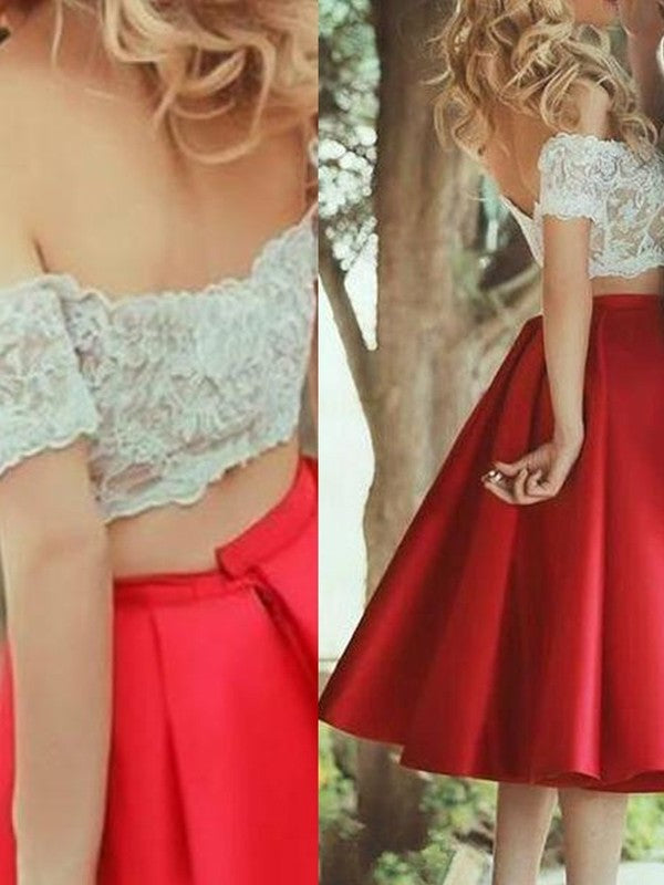 A-Line/Princess Sleeveless Off-the-Shoulder Satin Lace Knee-Length Two Piece Dresses DFP0002230
