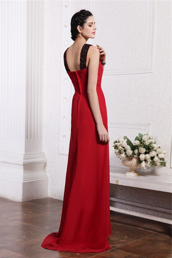 Sheath/Column V-neck Sleeveless Beading Long Chiffon Dresses DFP0004649