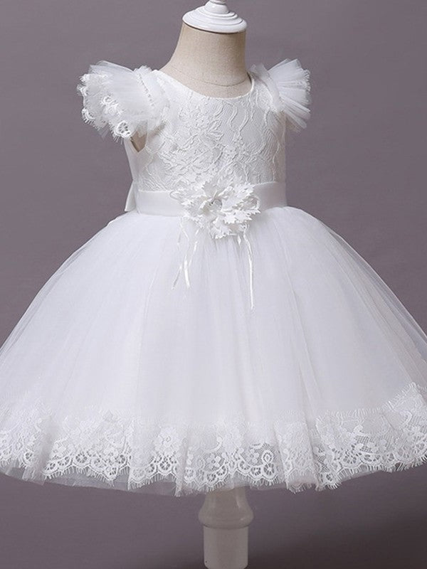 Ball Gown Tulle Applique Scoop Short Sleeves Tea-Length Flower Girl Dresses DFP0007512
