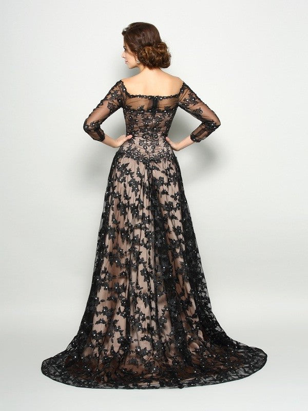 A-Line/Princess Off-the-Shoulder Lace 3/4 Sleeves Long Satin Mother of the Bride Dresses DFP0007102
