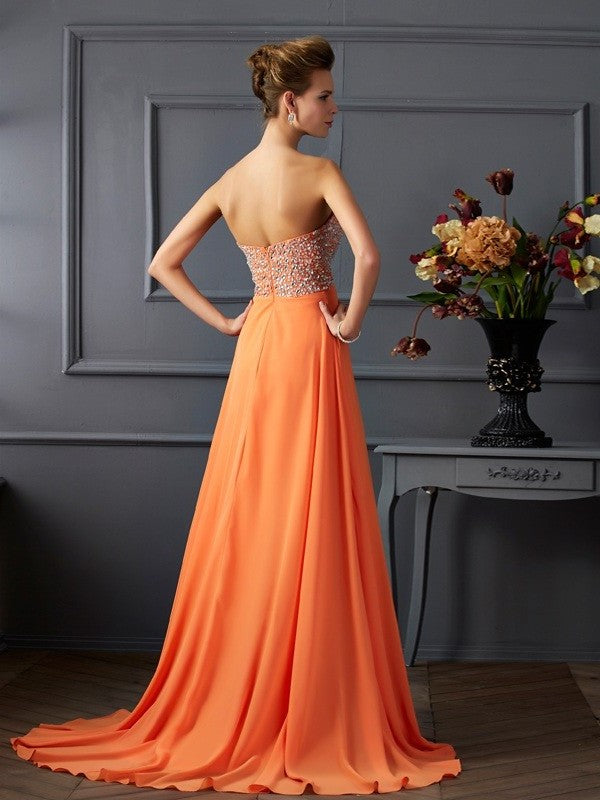 A-Line/Princess Sweetheart Sleeveless Beading Long Chiffon Dresses DFP0003144