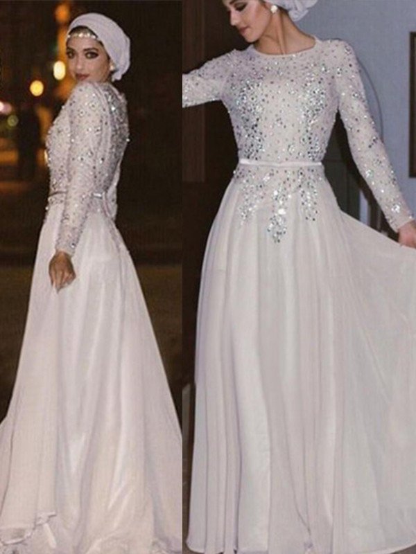 A-Line/Princess Long Sleeves Scoop Floor-Length Crystal Chiffon Muslim Dresses DFP0002617