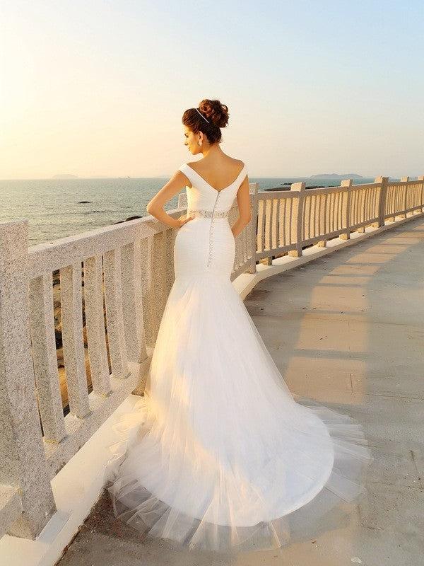 Sheath/Column V-neck Pleats Sleeveless Long Net Beach Wedding Dresses DFP0006191