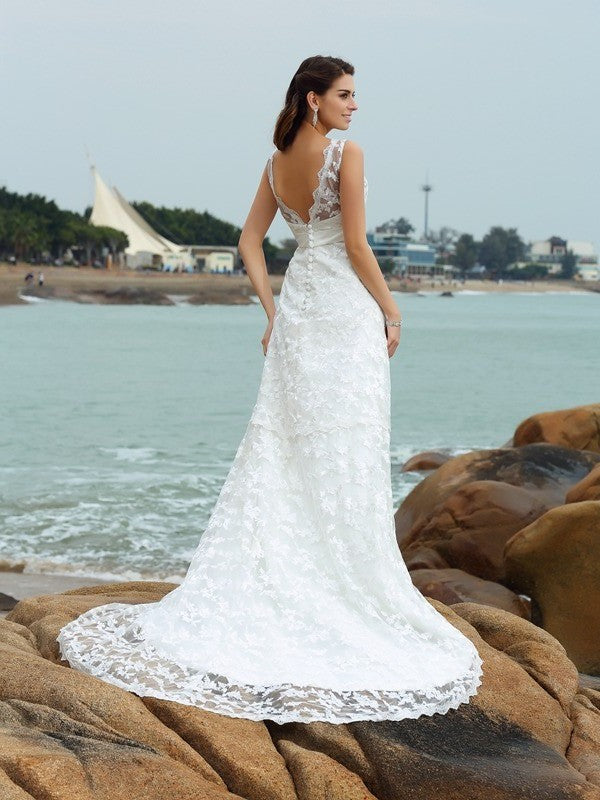 A-Line/Princess Straps Applique Sleeveless Long Satin Beach Wedding Dresses DFP0006835