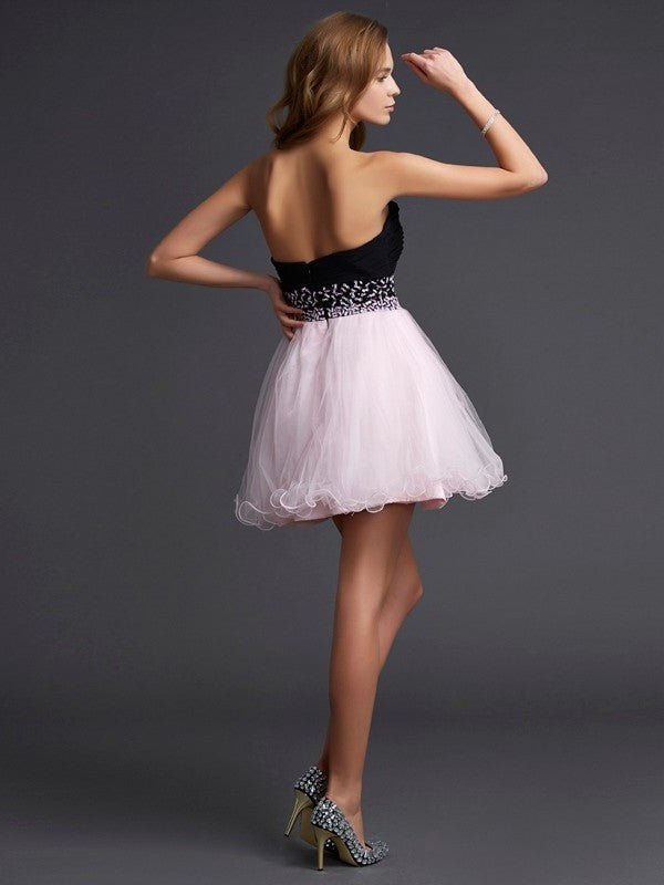 A-Line/Princess Beading Sweetheart Sleeveless Short Elastic Woven Satin Homecoming Dresses DFP0008393