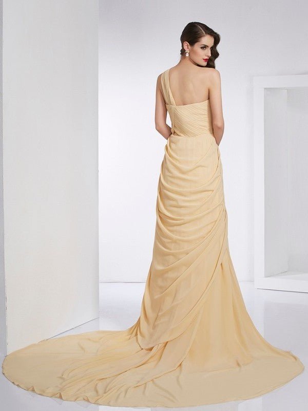 A-Line/Princess One-Shoulder Sleeveless Pleats Long Chiffon Dresses DFP0004118