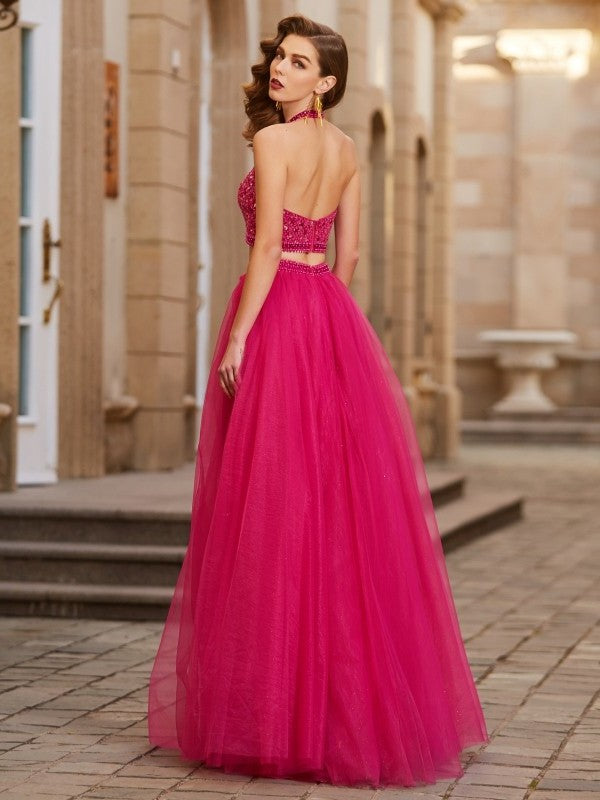 A-Line/Princess Halter Beading Sleeveless Tulle Floor-Length Two Piece Dresses DFP0003789