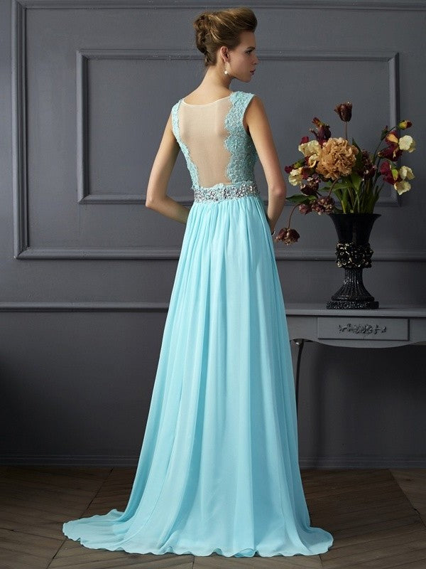 A-Line/Princess Straps Sleeveless Beading Lace Long Chiffon Dresses DFP0002636