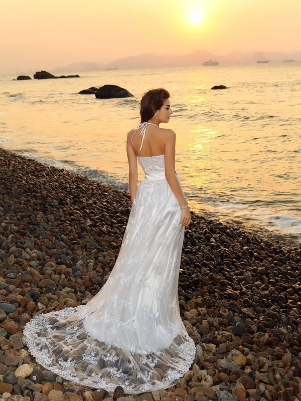 A-Line/Princess Halter Sash/Ribbon/Belt Sleeveless Long Lace Beach Wedding Dresses DFP0006523