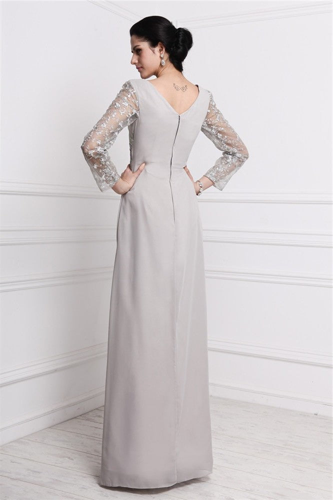 Sheath/Column V-neck Long Sleeves Lace Long Chiffon Dresses DFP0003908