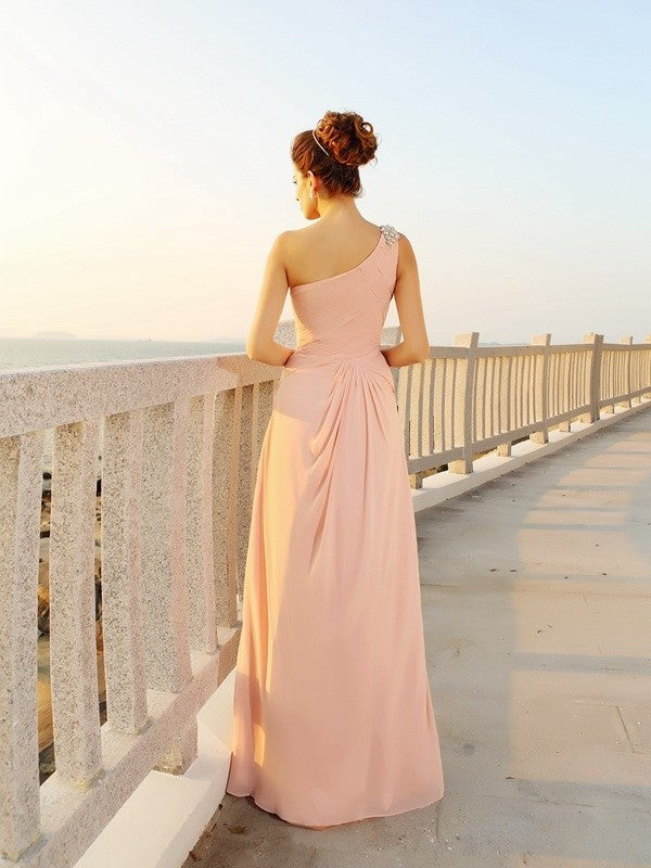 A-Line/Princess One-Shoulder Beading Sleeveless Long Chiffon Dresses DFP0002446