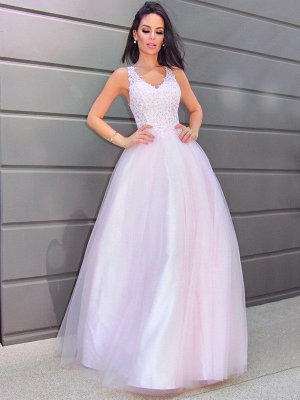 A-Line/Princess V-neck Sleeveless Applique Tulle Floor-Length Dresses DFP0001522