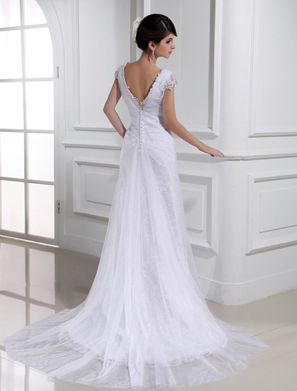 A-Line/Princess Beading V-neck Long Sleeveless Tulle Wedding Dresses DFP0006660