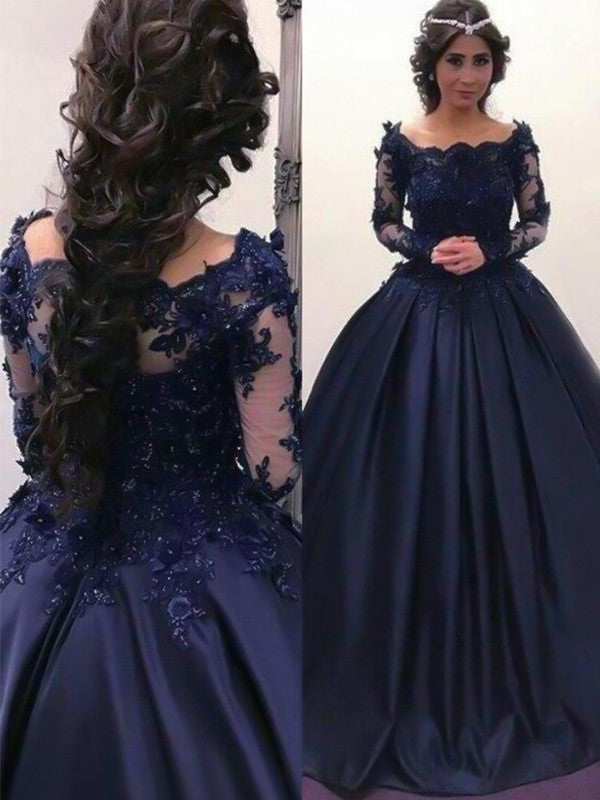 Ball Gown Bateau Long Sleeves Sweep/Brush Train Applique Satin Dresses DFP0002637