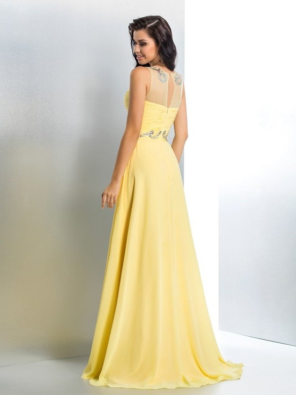 A-Line/Princess Sheer Neck Beading Sleeveless Long Chiffon Dresses DFP0002378