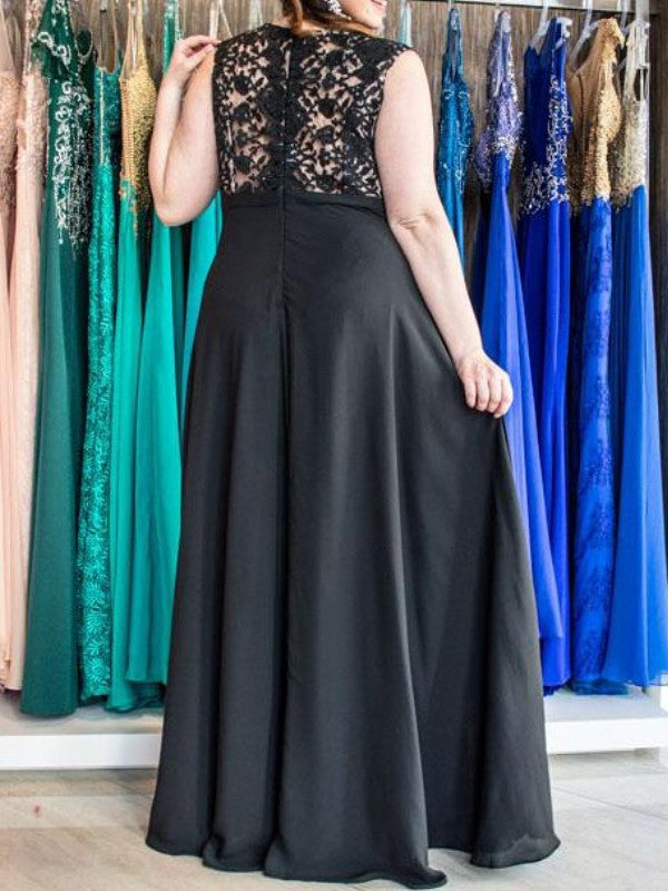 A-Line/Princess V-neck Sleeveless Applique Floor-Length Chiffon Plus Size Dresses DFP0003880