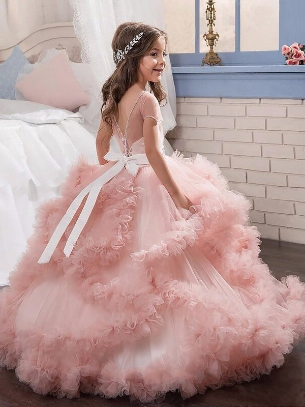 Ball Gown Jewel Short Sleeves Crystal Floor-Length Tulle Flower Girl Dresses DFP0007491