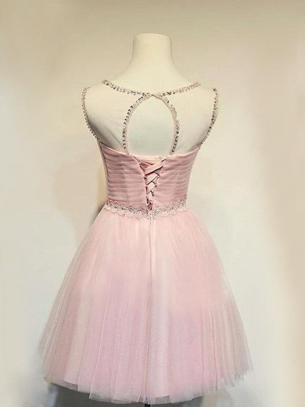 A-Line/Princess Tulle Beading Scoop Sleeveless Short/Mini Homecoming Dresses DFP0004030