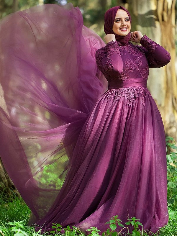 Ball Gown High Neck Tulle Applique Long Sleeves Sweep/Brush Train Muslim Dresses DFP0004669