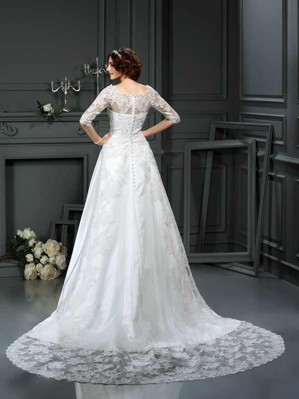 A-Line/Princess Bateau Lace 1/2 Sleeves Long Satin Wedding Dresses DFP0006562