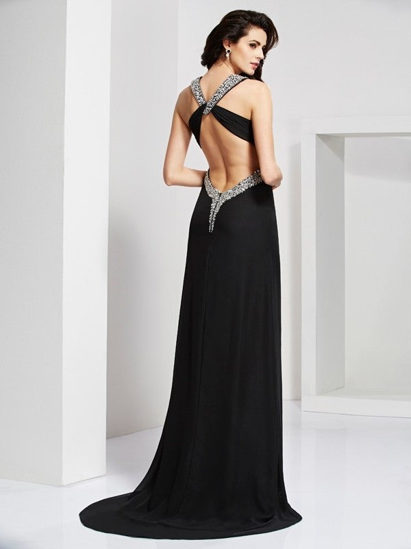 Sheath/Column Straps Sleeveless Beading Long Chiffon Dresses DFP0003882