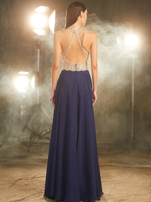 A-Line/Princess Sleeveless Straps Beading Chiffon Floor-Length Dresses DFP0002879