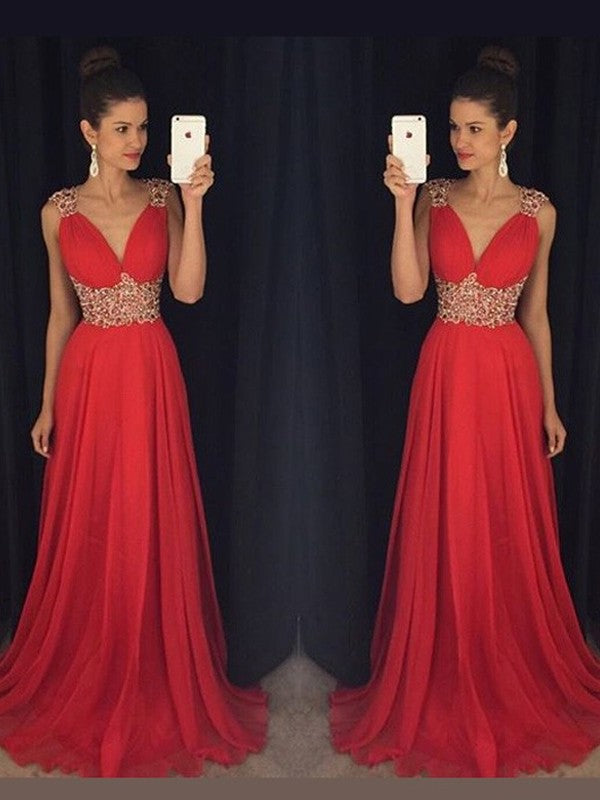 A-Line/Princess Sleeveless V-neck Beading Floor-Length Chiffon Dresses DFP0002353