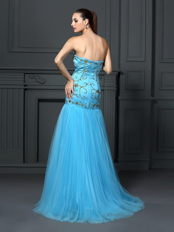 Trumpet/Mermaid Sweetheart Beading Sleeveless Long Satin Dresses DFP0004261