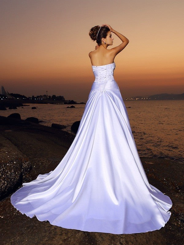 Ball Gown Strapless Beading Sleeveless Long Satin Beach Wedding Dresses DFP0006392