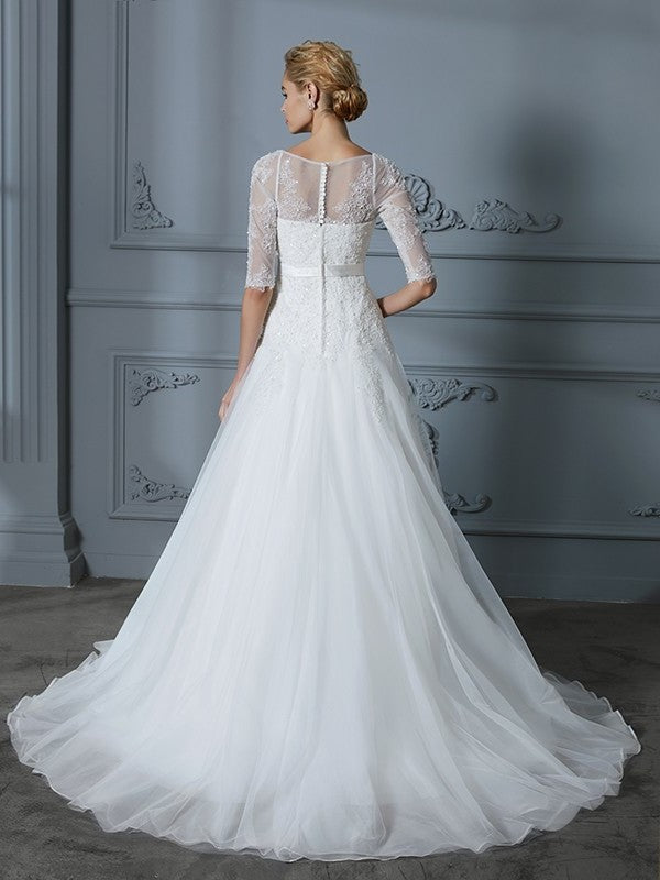 A-Line/Princess 1/2 Sleeves Scoop Lace Court Train Tulle Wedding Dresses DFP0006509